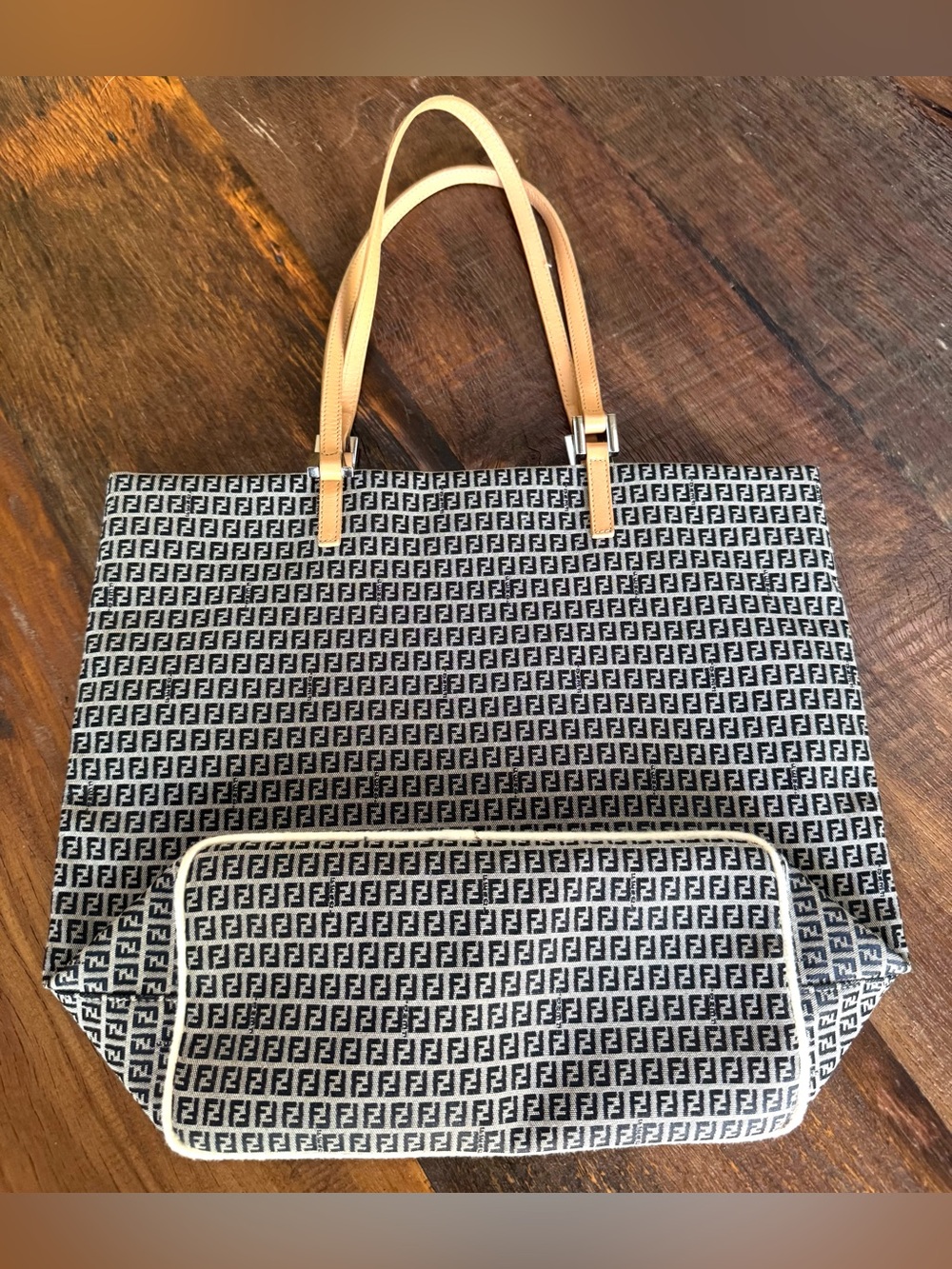 FENDI Zucca FF Navy Monogram Canvas Leather Tote Bag Made In Italy LIKE NEW - Picture 13 of 14